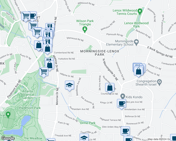 map of restaurants, bars, coffee shops, grocery stores, and more near 1419 Hillpine Lane Northeast in Atlanta