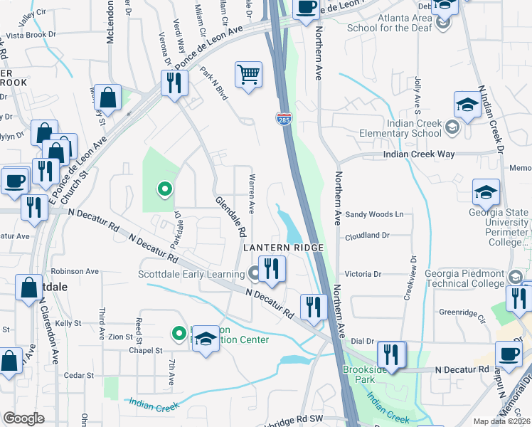 map of restaurants, bars, coffee shops, grocery stores, and more near 3450 Lantern View Lane in Scottdale