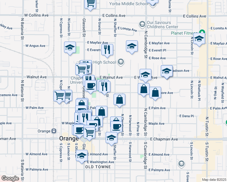 map of restaurants, bars, coffee shops, grocery stores, and more near 406 North Shaffer Street in Orange