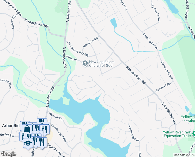 map of restaurants, bars, coffee shops, grocery stores, and more near 5260 Island Drive in Stone Mountain
