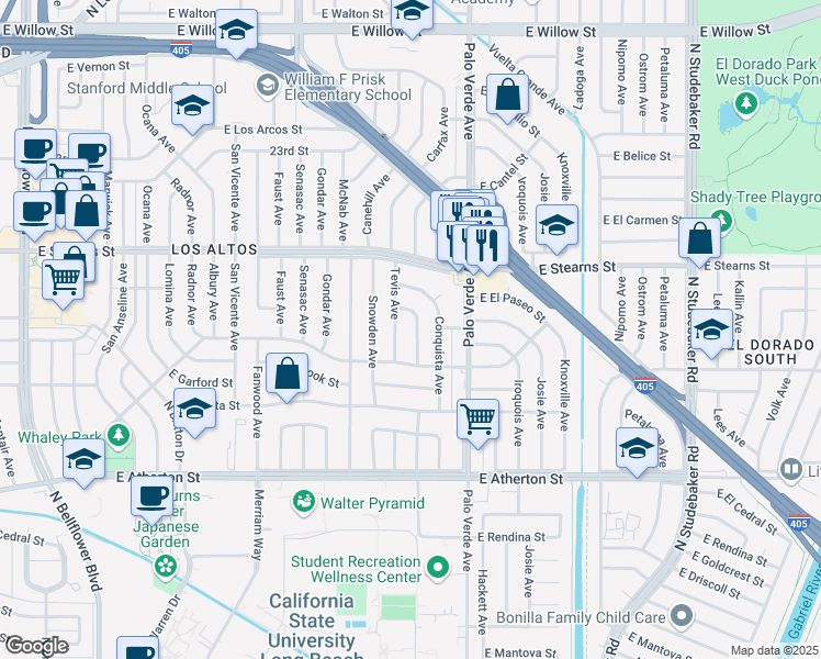 map of restaurants, bars, coffee shops, grocery stores, and more near 2049 Carfax Avenue in Long Beach