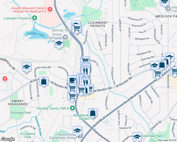 map of restaurants, bars, coffee shops, grocery stores, and more near 585 Emory Oaks Way in Decatur