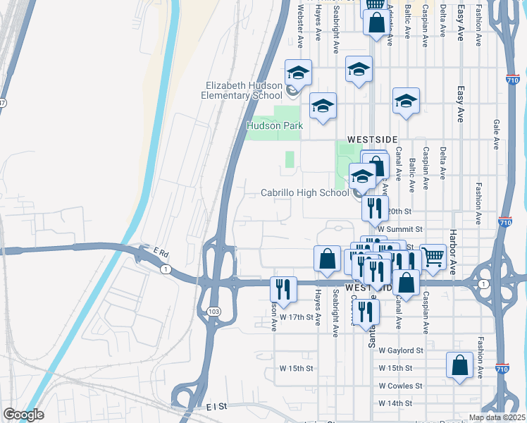 map of restaurants, bars, coffee shops, grocery stores, and more near 2121 West Williams Street in Long Beach