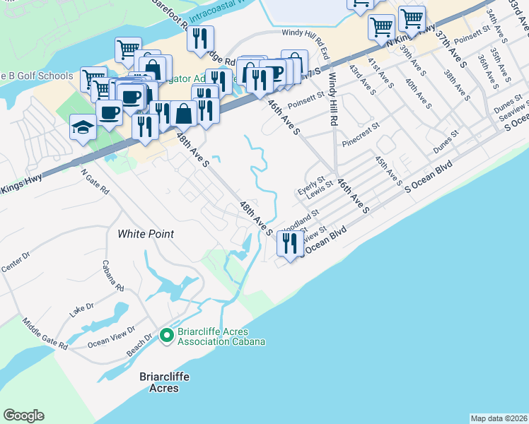 map of restaurants, bars, coffee shops, grocery stores, and more near 502 48th Avenue South in North Myrtle Beach