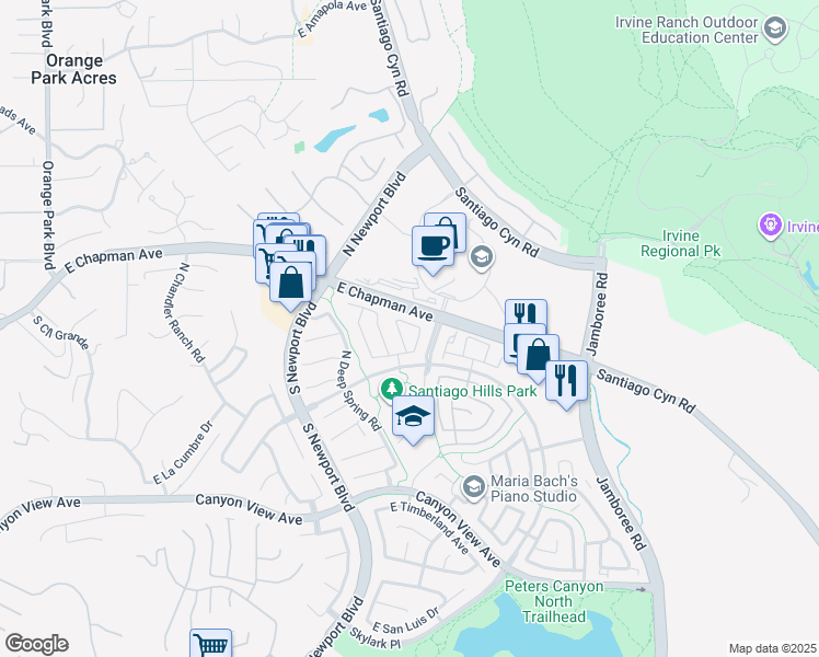 map of restaurants, bars, coffee shops, grocery stores, and more near 8008 East Fox Run Lane in Orange