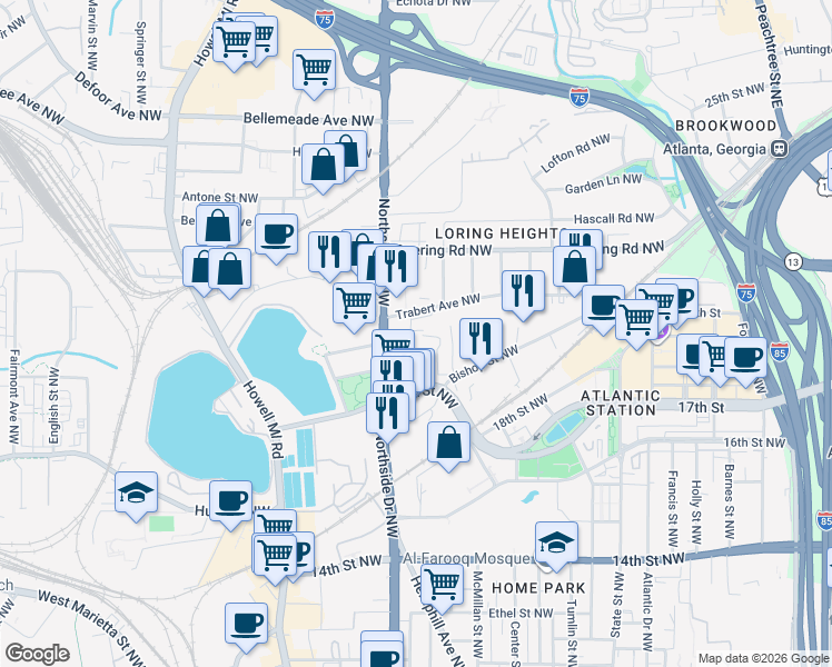 map of restaurants, bars, coffee shops, grocery stores, and more near 568 Trabert Avenue Northwest in Atlanta