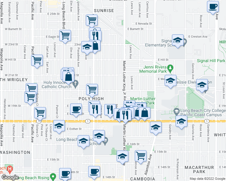 map of restaurants, bars, coffee shops, grocery stores, and more near E 20th St in Long Beach