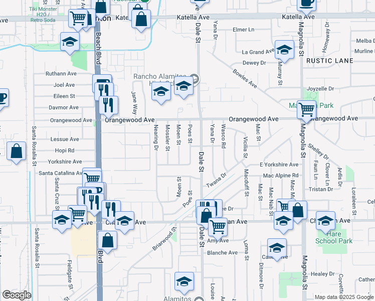 map of restaurants, bars, coffee shops, grocery stores, and more near 11641 Poes Street in Anaheim