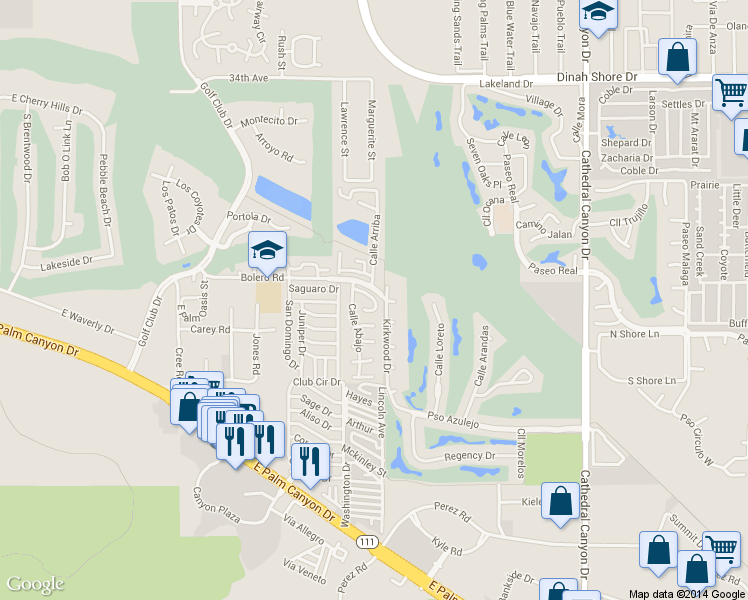 map of restaurants, bars, coffee shops, grocery stores, and more near 85 Calle Del Espacio in Palm Springs