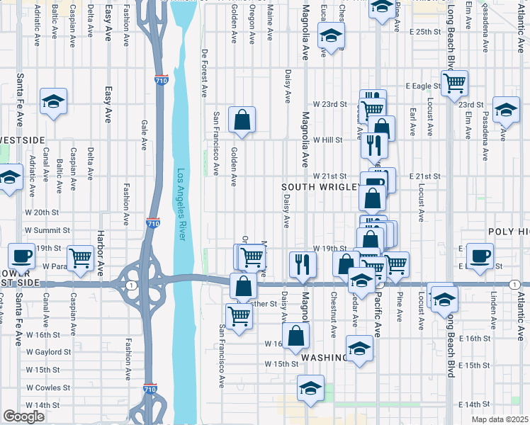 map of restaurants, bars, coffee shops, grocery stores, and more near Maine Ave & W 20th St in Long Beach