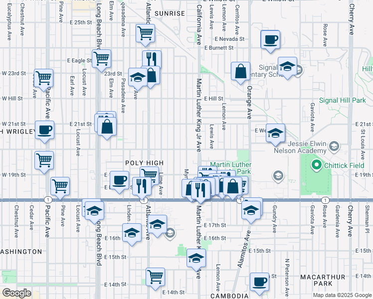 map of restaurants, bars, coffee shops, grocery stores, and more near East 20th Street & Myrtle Avenue in Long Beach