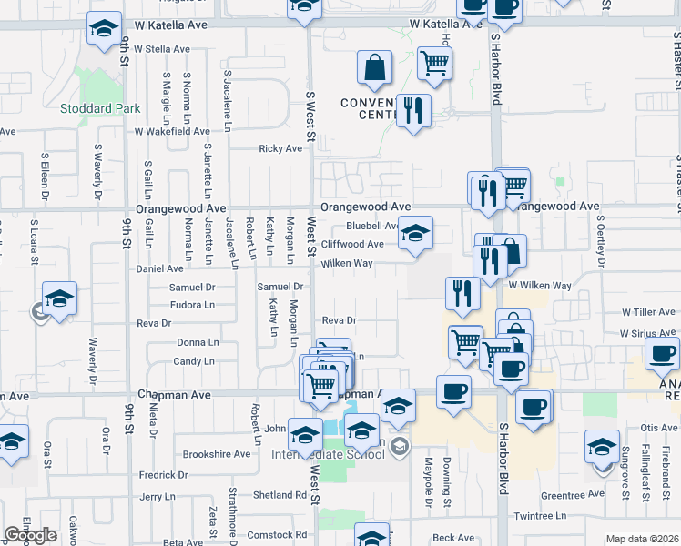 map of restaurants, bars, coffee shops, grocery stores, and more near 11672 Daryl Lane in Garden Grove