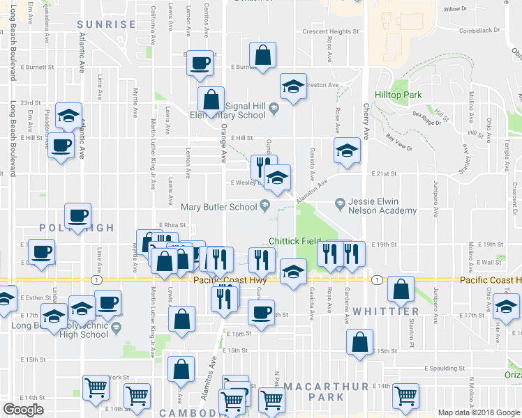 map of restaurants, bars, coffee shops, grocery stores, and more near 1400 East 20th Street in Long Beach