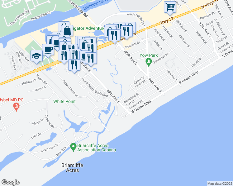 map of restaurants, bars, coffee shops, grocery stores, and more near 502 48th Avenue South in North Myrtle Beach