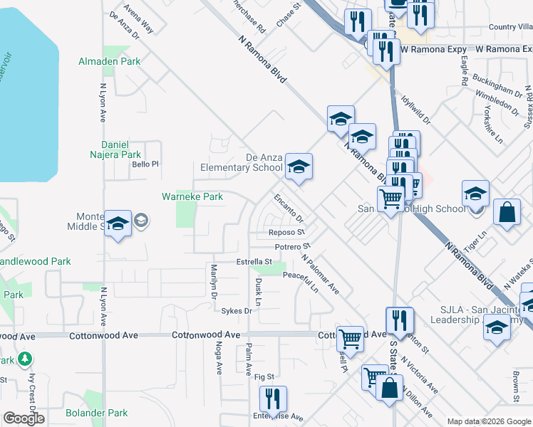 map of restaurants, bars, coffee shops, grocery stores, and more near 464 Camino Corto in San Jacinto