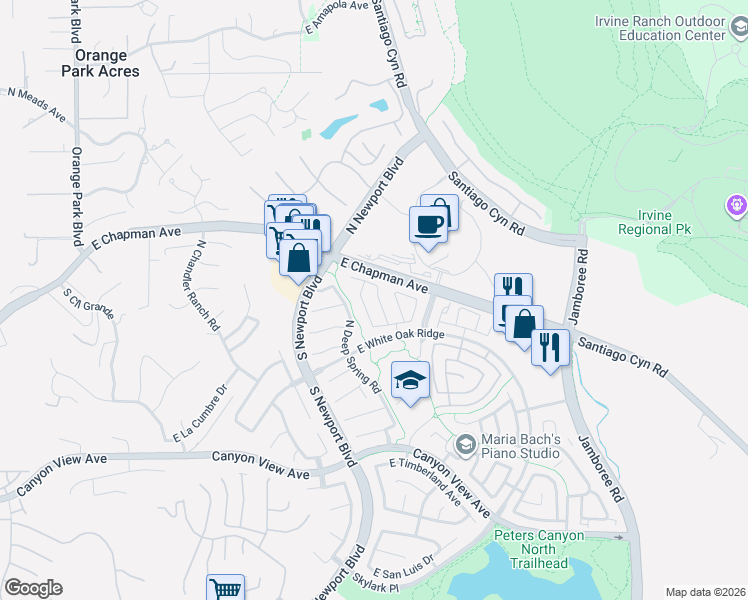 map of restaurants, bars, coffee shops, grocery stores, and more near 410 North Fawnwood Lane in Orange