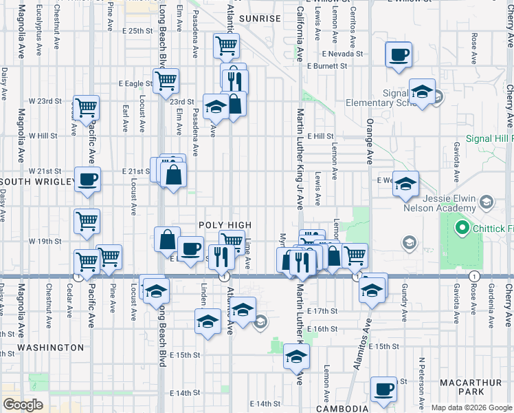 map of restaurants, bars, coffee shops, grocery stores, and more near 725 East 20th Street in Long Beach