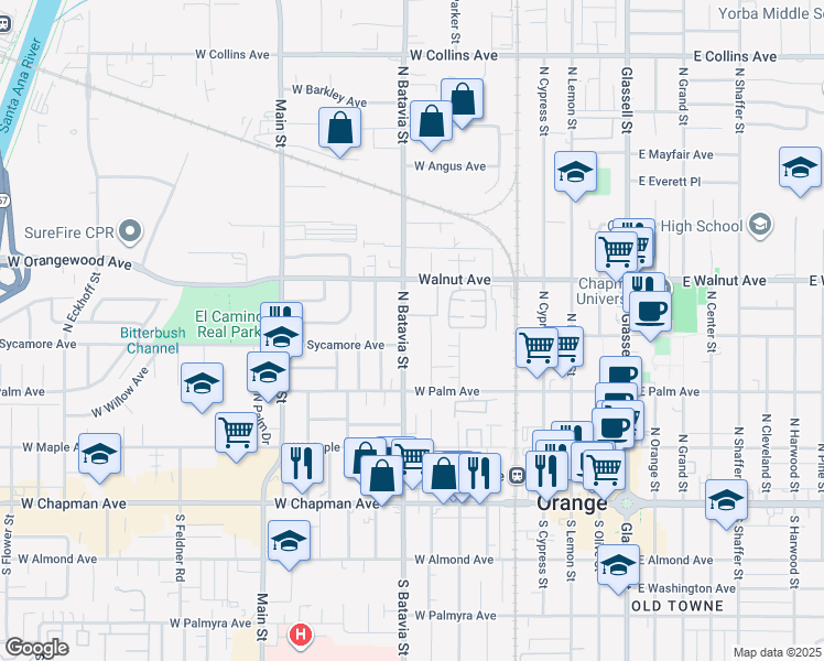 map of restaurants, bars, coffee shops, grocery stores, and more near 410 North Clark Street in Orange