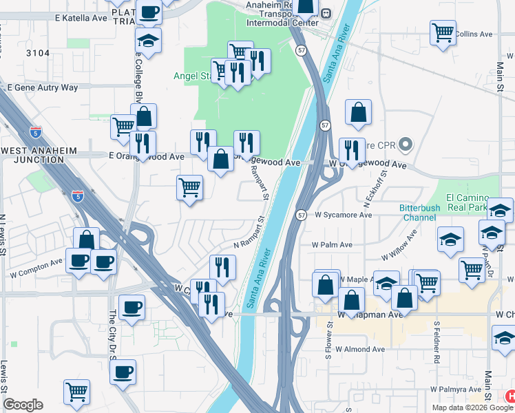 map of restaurants, bars, coffee shops, grocery stores, and more near 2190 South Towne Centre Place in Anaheim