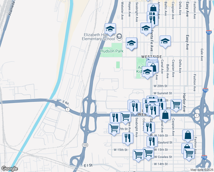 map of restaurants, bars, coffee shops, grocery stores, and more near 2221 West Williams Street in Long Beach