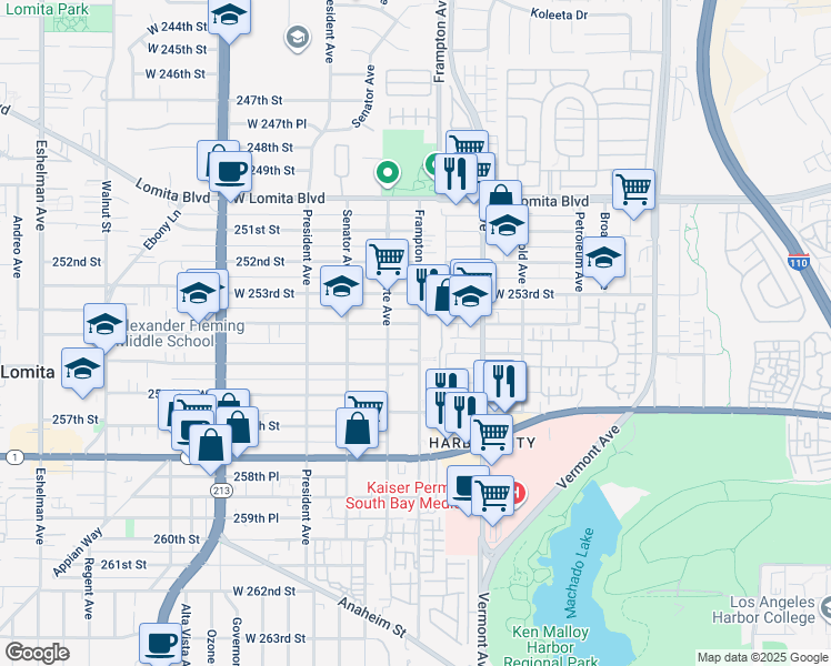 map of restaurants, bars, coffee shops, grocery stores, and more near 1340 254th Street in Los Angeles