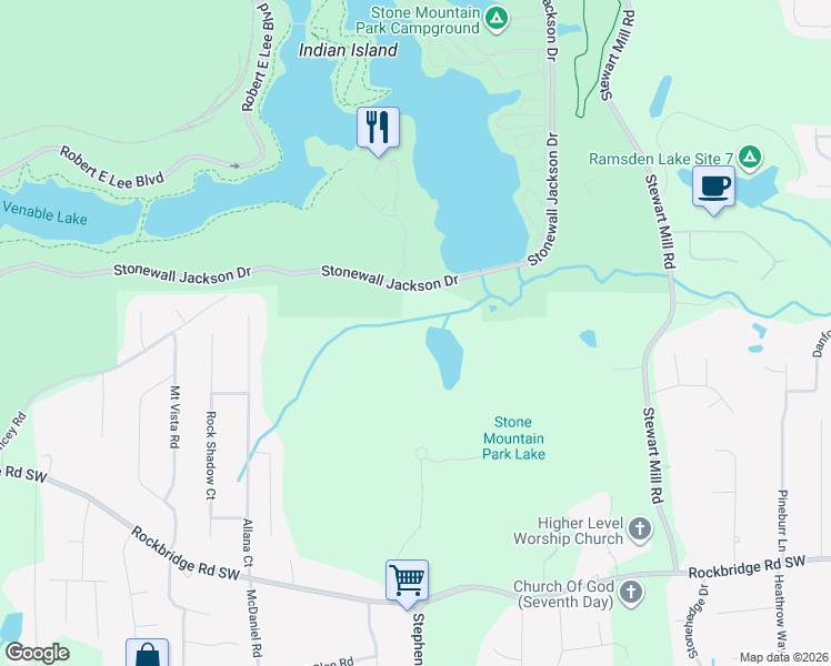 map of restaurants, bars, coffee shops, grocery stores, and more near 543 Monteagle Trce in Stone Mountain