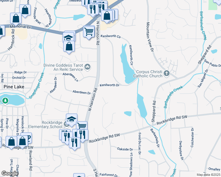 map of restaurants, bars, coffee shops, grocery stores, and more near 4825 Kenilworth Drive in Stone Mountain