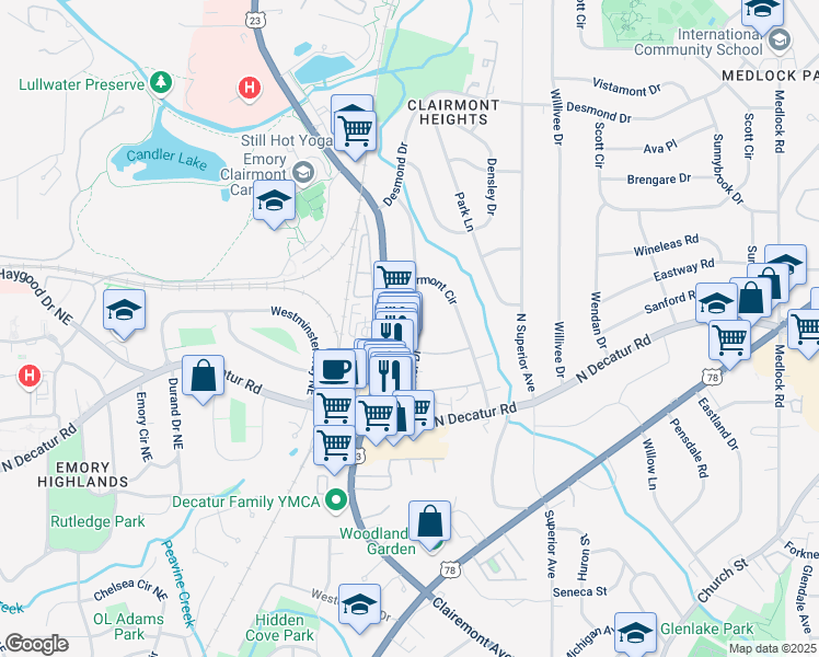 map of restaurants, bars, coffee shops, grocery stores, and more near 597 Emory Oaks Way in Decatur