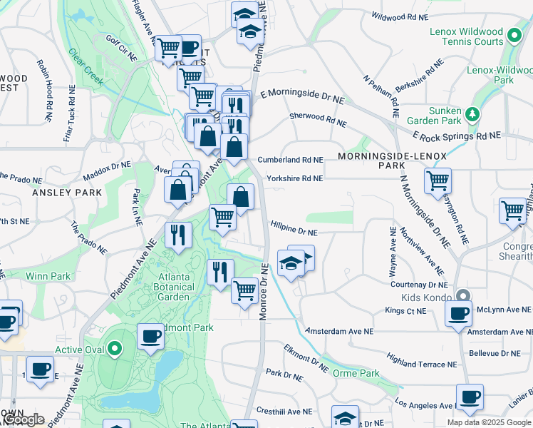 map of restaurants, bars, coffee shops, grocery stores, and more near 1426 Monroe Drive Northeast in Atlanta