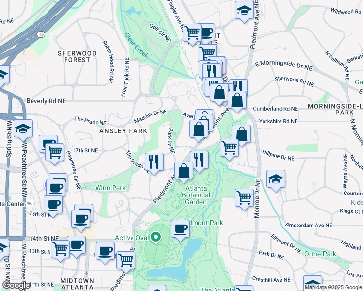 map of restaurants, bars, coffee shops, grocery stores, and more near 224 Westminster Drive Northeast in Atlanta