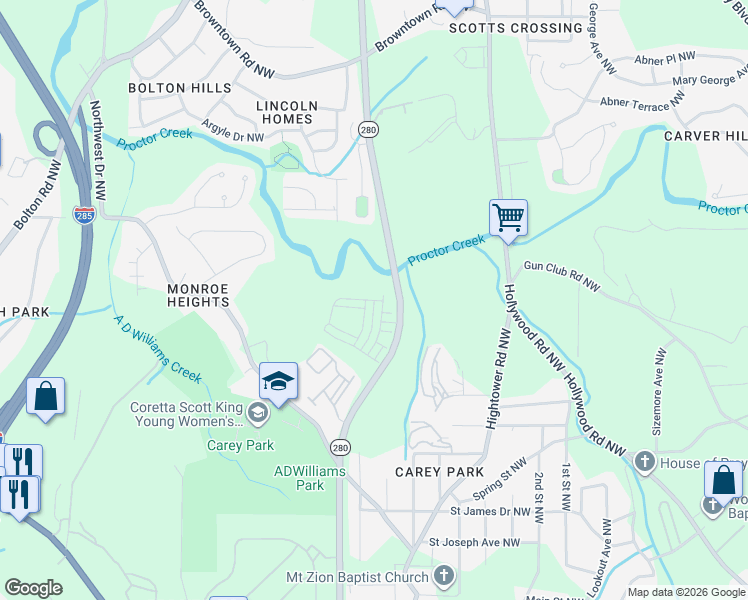 map of restaurants, bars, coffee shops, grocery stores, and more near 1692 James Jackson Pkwy NW in Atlanta