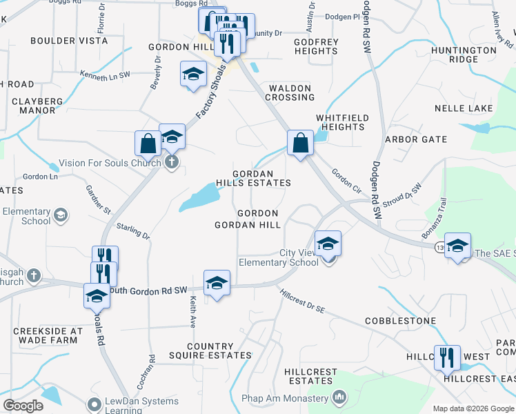 map of restaurants, bars, coffee shops, grocery stores, and more near 6611 Valley Hill Drive in Mableton