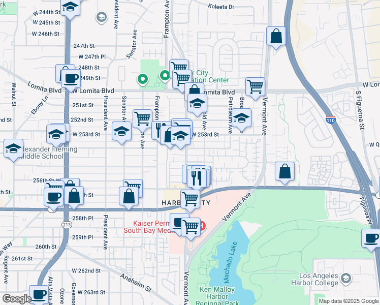 map of restaurants, bars, coffee shops, grocery stores, and more near 1140 254th Street in Los Angeles