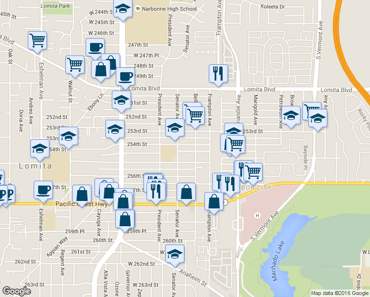 map of restaurants, bars, coffee shops, grocery stores, and more near 1422 254th St in Los Angeles
