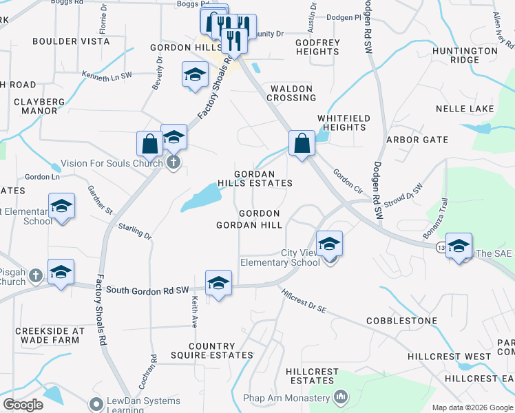 map of restaurants, bars, coffee shops, grocery stores, and more near 6611 Valley Hill Drive in Mableton
