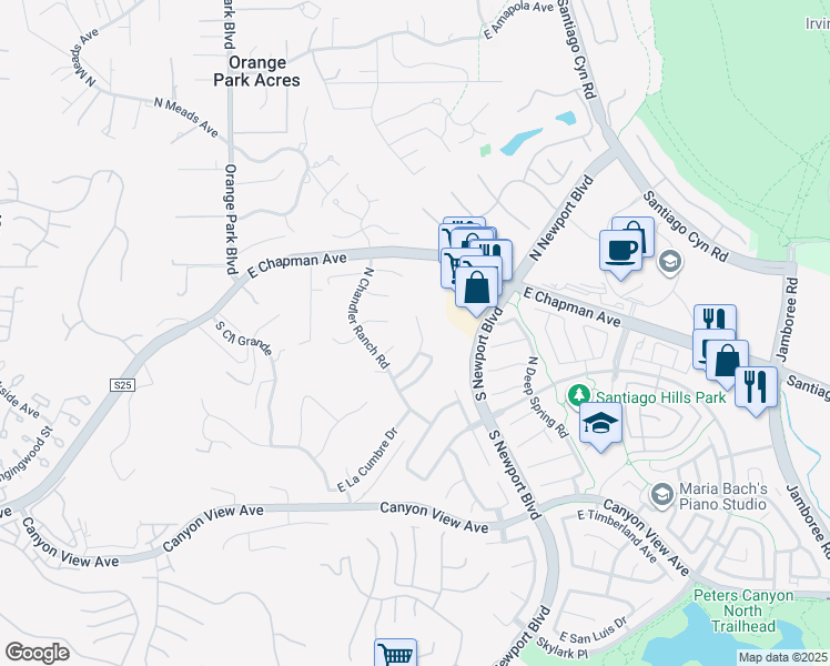 map of restaurants, bars, coffee shops, grocery stores, and more near 7341 East Saddlehorn Way in Orange