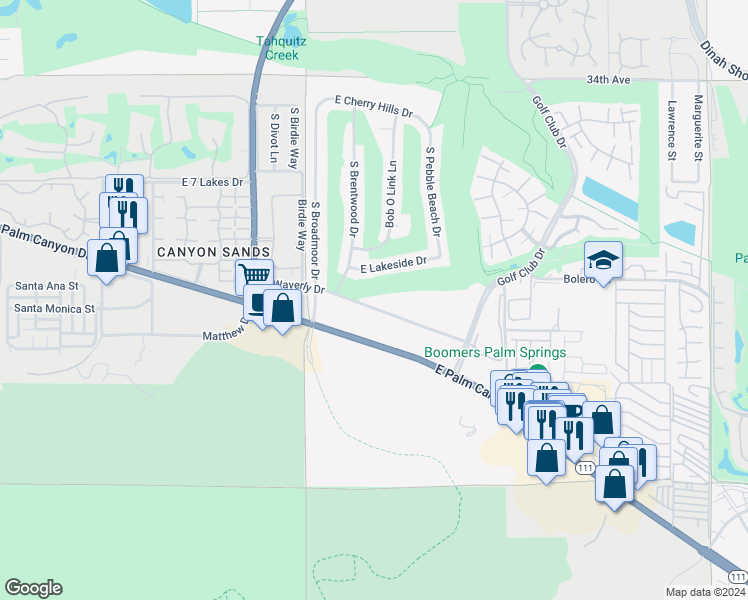 map of restaurants, bars, coffee shops, grocery stores, and more near 5300 East Waverly Drive in Palm Springs