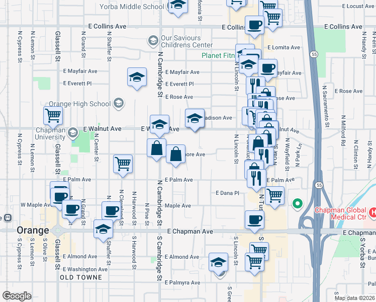 map of restaurants, bars, coffee shops, grocery stores, and more near 1107 East Sycamore Avenue in Orange