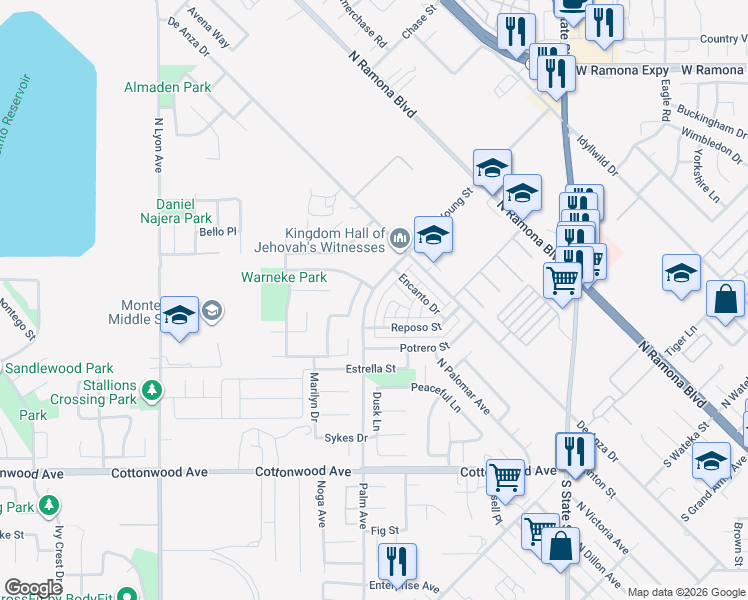 map of restaurants, bars, coffee shops, grocery stores, and more near 485 Palm Avenue in San Jacinto