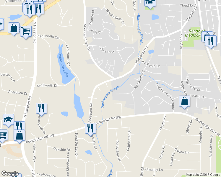 map of restaurants, bars, coffee shops, grocery stores, and more near 4992 Owen Mill Court in Stone Mountain