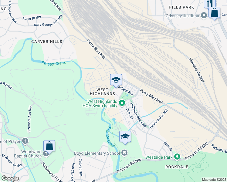 map of restaurants, bars, coffee shops, grocery stores, and more near 1783 Johnson Road Northwest in Atlanta