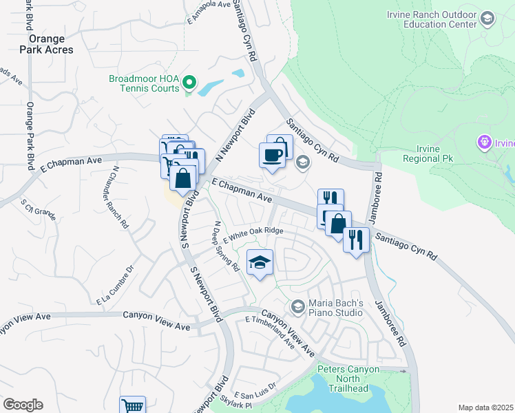 map of restaurants, bars, coffee shops, grocery stores, and more near 8008 East Fox Run Lane in Orange