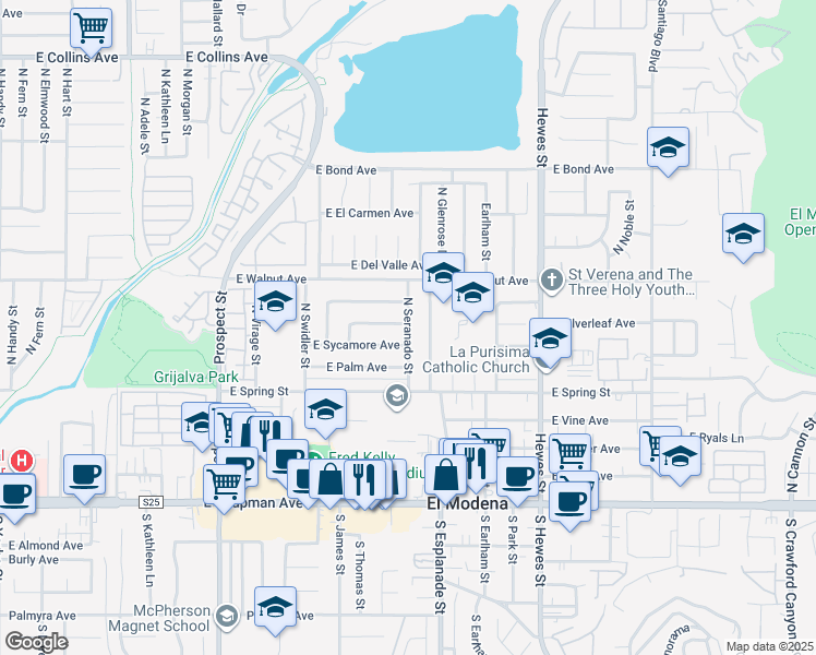 map of restaurants, bars, coffee shops, grocery stores, and more near 425 North Seranado Street in Orange