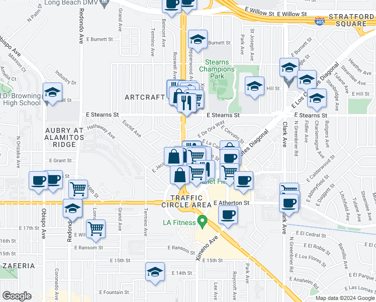 map of restaurants, bars, coffee shops, grocery stores, and more near 2010 North Lakewood Boulevard in Long Beach