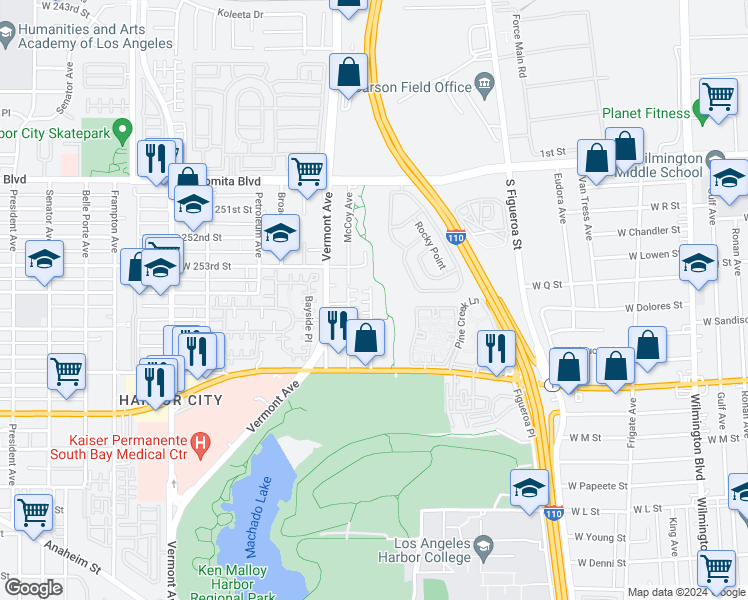 map of restaurants, bars, coffee shops, grocery stores, and more near 25400 Dodge Avenue in Los Angeles