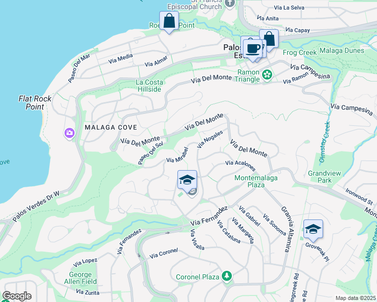 map of restaurants, bars, coffee shops, grocery stores, and more near 1012 Vía Mirabel in Palos Verdes Estates