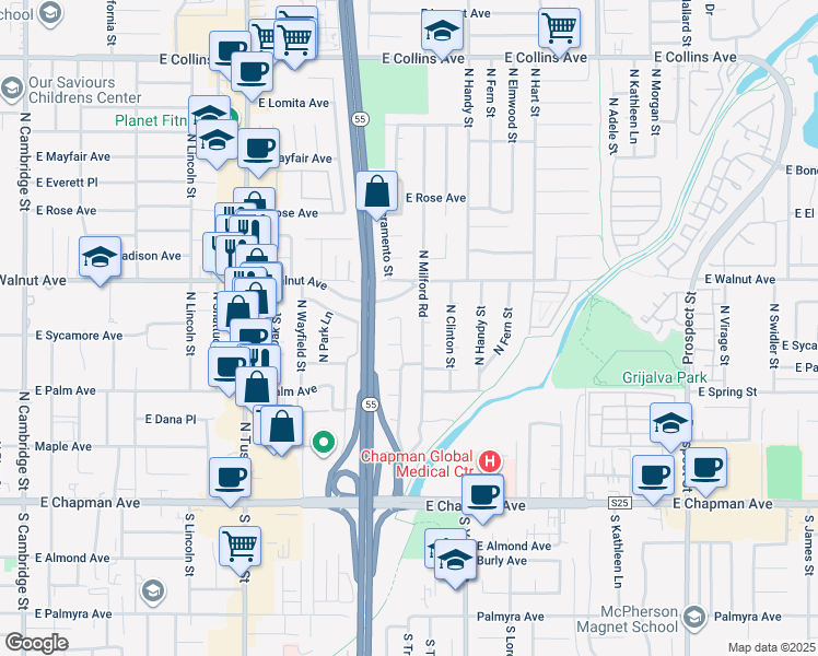 map of restaurants, bars, coffee shops, grocery stores, and more near 419 North Sacramento Street in Orange