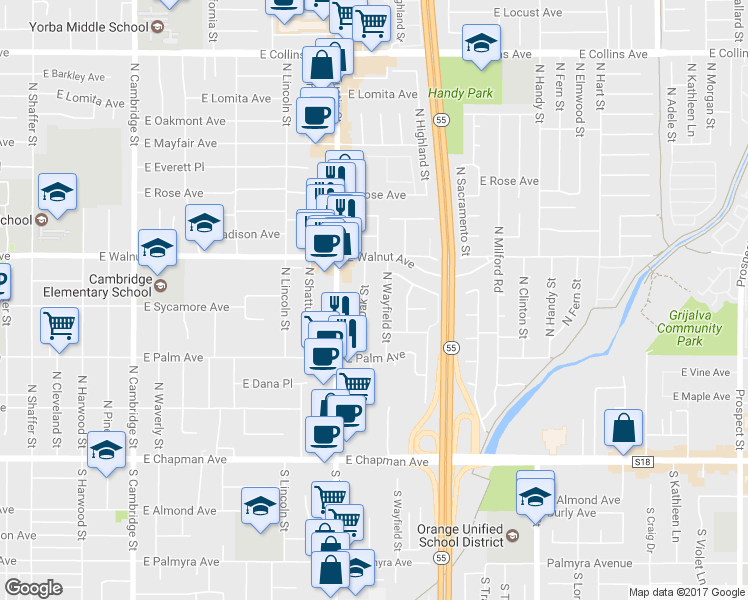 map of restaurants, bars, coffee shops, grocery stores, and more near 423 North Oak Street in Orange