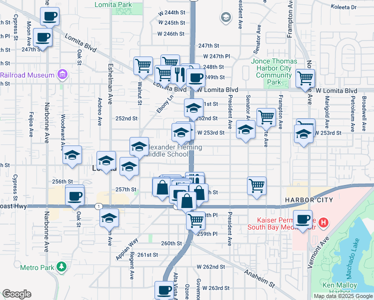 map of restaurants, bars, coffee shops, grocery stores, and more near 25401 South Western Avenue in Lomita