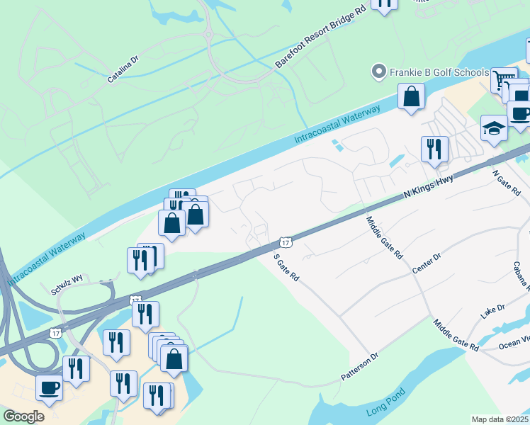 map of restaurants, bars, coffee shops, grocery stores, and more near 10301 North Kings Highway in Myrtle Beach